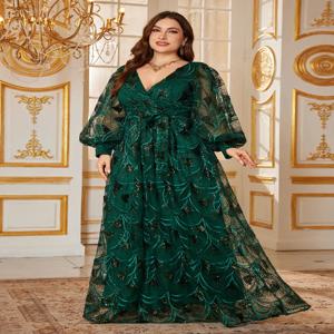 유니호스 플러스 사이즈 여성용 딥 브이넥 랜턴 소매 반짝이 스팽글 허리 조임형 정장 이브닝 파티 드레스