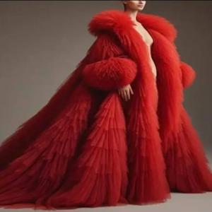빨간색 푹신한 주름 장식 긴팔 망토 푹신한 티어드 튤 롱 여성 재킷 풍성한 케이프 베스트 의상 여성 아우터 코트