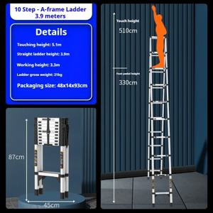 스테인레스 스틸 텔레스코픽 지그재그 사다리, 높이 1.5-3.9m, 접이식 사다리, 리프팅 엔지니어링 사다리, 휴대용 가정용 사다리
