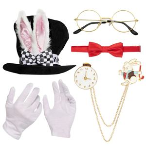 PESENAR 흰 토끼 의상 세트 매드 해터 모자 토끼 귀 토퍼 플러시 모자 할로윈 액세서리 세트