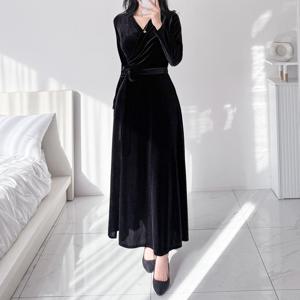 [M7] 여자 블랙원피스 리본랩 FW 벨루어 롱원피스