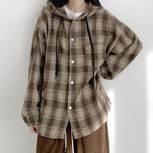 [M7] 여자 빅사이즈 박스 벌룬 후드남방 격자 셔츠