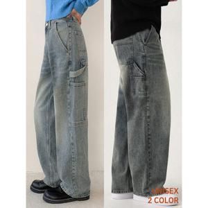 [하프클럽] 남여공용 워싱 카펜터 벌룬 와이드 데님 팬츠 (블루/블랙) 2종 택1
