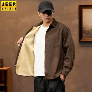 JEEP SPIRIT 남성 오버핏 카고 포켓 셔츠 가을 겨울 벨벳 두꺼운 긴팔 남방