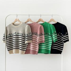 국산 여성 라운드 플라워 봄 이너 반팔 니트티 21DS-WKN-2858