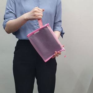 격자무늬 PVC 투명 파우치 핑크 목욕가방 방수 다용도