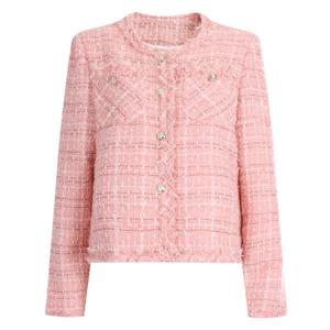 샵앤) 여성 노카라 앞포켓 체크 패턴 간절기 트위드 자켓 JVL-WJK-20283-인디핑크