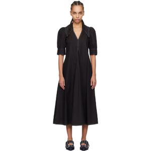 가니 원피스 블랙 코튼 포플린 브이넥 미디 드레스 251144F055003