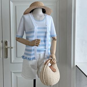 샵앤) 럽미 밑단프릴 단가라 반팔 니트 가디건 JR-WCD-3519-블루