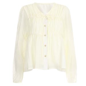 샵앤) 여성 러플 셔링 U넥 쉬어 리본 러블리 블라우스 SOM-WBL-20338-베이지