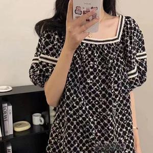 샵앤) 여성 자수 스퀘어넥 꽃 펀칭 반팔 퍼프 블라우스 MSE-WBL-20638-블랙