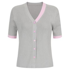 샵앤) 여성 V넥 단추오픈 포인트 배색 반팔 니트 가디건 BOM-WCD-20652-그레이