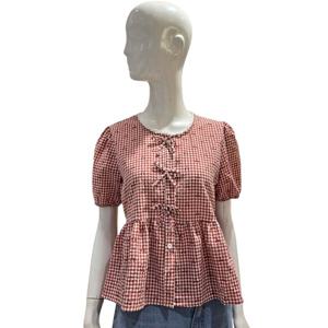 [에이비에프지]체리잔체크 라운드넥 프릴리본 블라우스 AGNZ3ZB352