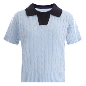 샵앤) 여성 배색 카라넥 국산 반팔 니트티 BOM-WKN-11885-소라