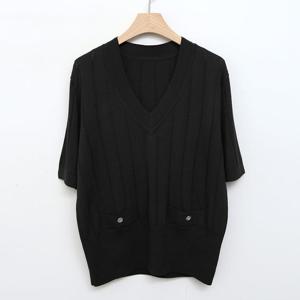 샵앤) 여성 V넥 긴기장 레이어드 앞단추 포인트 왕골 반팔 니트티 BONG-WKN-4497-블랙