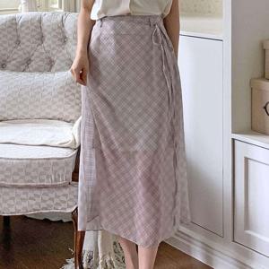 샵앤) 국산 여성 리본 뒷밴딩 체크 여름 미디 스커트 STJ-WSK-4583-베이지