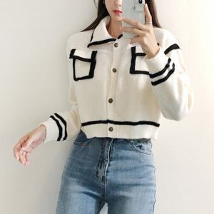 [드레스날다]달달하게 배색 카라 포켓 크롭 니트 가디건