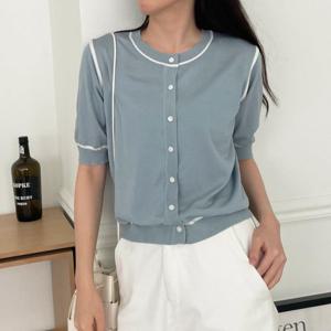 [옷자락]여자 배색라인 봄여름 크롭 반팔 데일리 니트 가디건