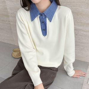 샵앤) 여성 카라넥 체크 셔츠 레이어드 긴팔 니트 티셔츠 21DS-WKN-4977-아이보리