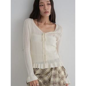 (16595AAQ10) [에잇세컨즈] 레이스 자카드 스트링 가디건  아이보리