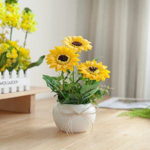 해바라기 조화 화분 3송이비누 set 25cm 인테리어 꽃 테이블 장식 소품 금전화 풍수