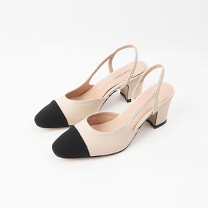 [신난다슈]여성 슬링백힐 6cm 슬링백 구두 펌프스힐 투톤 통굽 미들힐 SKE246008 아이보리