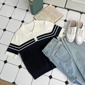 투톤 여성 카라넥 골지 세미크롭 반팔 니트티 JR-WKN-3047-블랙