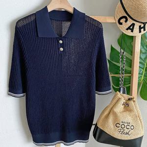 샵앤) 여성 카라넥 골지 투버튼 베이직 반팔 니트티 DGB-WKN-4554-네이비