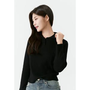 여성) 골지 스냅 버튼 후드 슬림 긴팔 티셔츠 AP3WTL557-BK