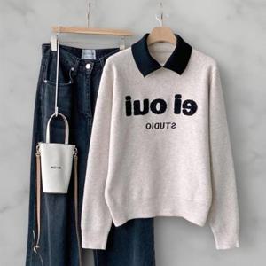 [다잇템][다잇템] 여성 문자 콘트라스트 비스코스 카라넥 FW 니