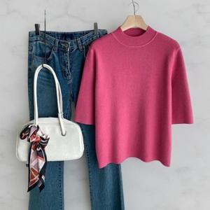 [다잇템][다잇템] 여성 비스코스 일상용 반소매 U넥 원컬러 니트