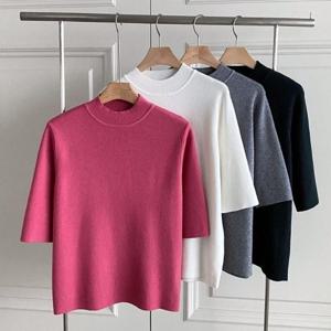 [다잇템][다잇템] 여성 반소매 민무늬 U넥 비스코스 클래식 니트