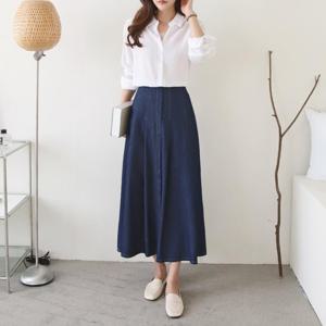 [옷자락]여자 스티치 핀턱 치마 출근룩 플레어 데님 롱 스커트
