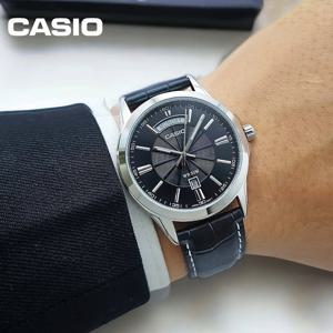 카시오 데이데이트 남자 야광 가죽 손목시계 MTP-1381L-1A