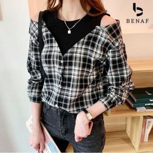 오프숄더 체크셔츠_BH1LS010