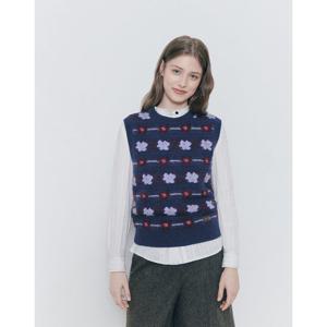 헤지스 여성 24FW 클리어런스울 네이비 플라워패턴 라운드넥 베스트 HSSW4DL81N2