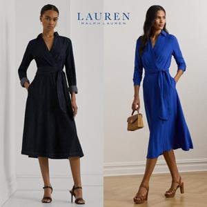 폴로 랄프로렌 Polo Ralph Lauren 14191041 여자 벨티드 서플리스 조젯 미디 긴팔 원피스 드레스