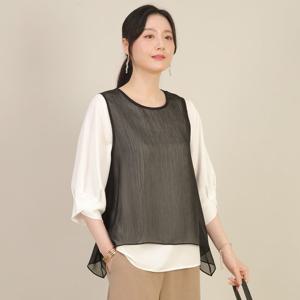 애비뉴투지 엄마옷 주름 쉬폰 시스루 라운드 여름 가오리 숏 조끼 V05501