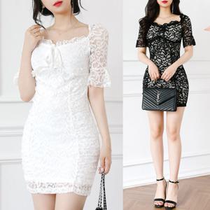 스퀘어넥 레이스 시스루 프릴 패턴 착시 미니원피스_OPS2466