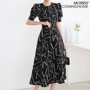 [한정/특가][모리스커밍홈]나염 퍼프소매 플레어 린넨 원피스_[M2105OP126B]