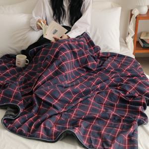 빌리지 네이비 체크 극세사 양면 블랭킷 대형 캠핑 담요 150x200