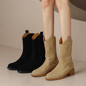 여성 3.5cm 스웨이드 뒷지퍼 미들부츠 털부츠 겨울 웨스턴 앵글 앵클 방한화 기모 털신 털신발