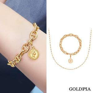 [골드피아] 18K 트윙클 체인 목걸이 + 볼륨 앵커 팔찌 + 럭키 코인 펜던트 참