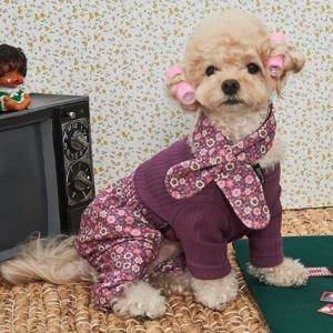 강아지옷 김장조끼 스카프 올인원 전원일기 몸빼 세트 꽃자주 (B086_BG)