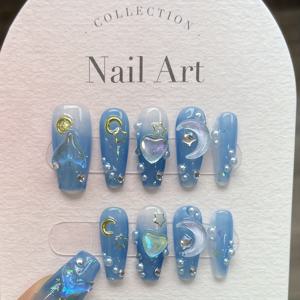 TEMU 10개 수제 착용 가능한 네일 팁 세트 - 블루 톤 발레 모양 중간 길이, 순수한 색상, 광택 마감, 인어 & 초승달 디자인, 내장된 반짝이 별 - 중동에서 영감을 받은 네일 아트 컬렉션|네일팁