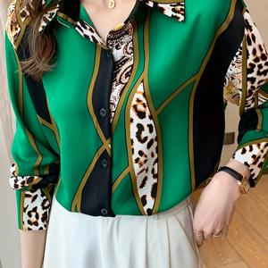 TEMU 여성용 프렌치 스타일 프린트 대비 셔츠 - 녹색 & 검정 컬러 블록 디자인, 100% 폴리에스터 기계 세탁 가능 탑, 비침 방지 원단의 캐주얼 및 정장용 칼라 버튼업 블라우스