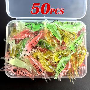 TEMU 50/100개 실리콘 새우 미끼 후크 포함 - 야간 낚시용 발광 소프트 루어, 혼합 색상 그린, 옐로우, 핑크, 발광 컬러, 아웃도어 낚시 액세서리, 낚시 루어