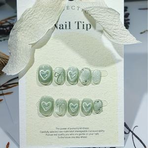 TEMU 10PCS 그린 발레 쇼트 프레스온 네일 하트 & 패턴 - 글로시 민트 캣 아이 네일 팁 스파클링 라인스톤 여성 및 소녀용 - 데일리 웨어, 데이트, 페스티벌용 탈착식 인조 네일|네일|네일팁