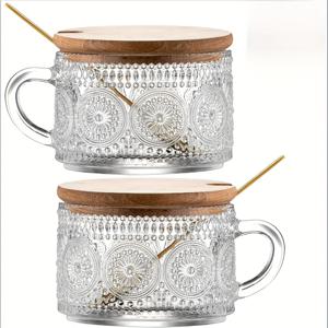 TEMU 오늘의 선물 여성용 레트로 유리 커피 컵, 뚜껑과 스푼이 포함된 오버나이트 오트밀 용기, 14온스 투명 엠보싱 음료 컵, 아이스 커피 컵, 티 컵, 레트로 유리제품,빈티지 컵,고품질 유리, 음료용품,음료 용기,커피 애호가,그녀를 위한 선물