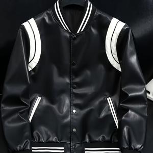 TEMU 남성용 모터사이클 재킷, 야구 스타일 - 커플 스트리트웨어, 봄과 가을용 컬러 블록 디자인, PU 칼라, 캐주얼 스탠드업 코트, 바람과 따뜻함에 대비